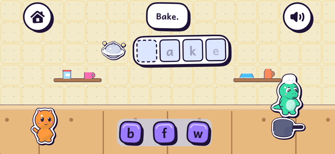 Rex's Spelling Kitchen on iPhone: the word bake with its first letter missing