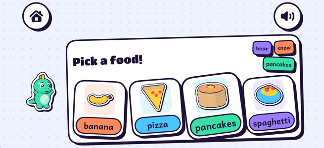 Silly Story Builder on iPhone: Rex asks your kid to pick a food from four picture cards