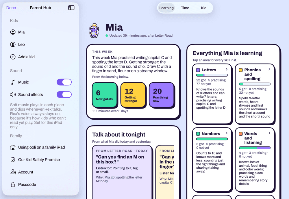 ooli's Learning page on iPad for a sample kid, Mia: this week's note, talk-about-it questions and everything she's learning