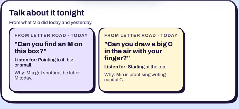 The Learning page on iPhone: two talk-about-it questions from Letter Road
