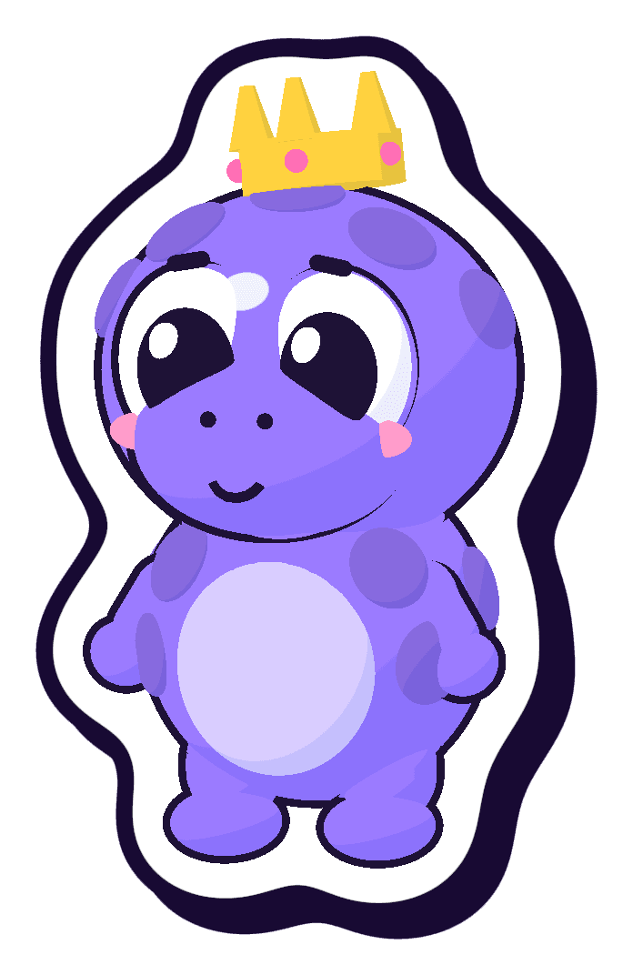 A purple baby dino buddy wearing a crown