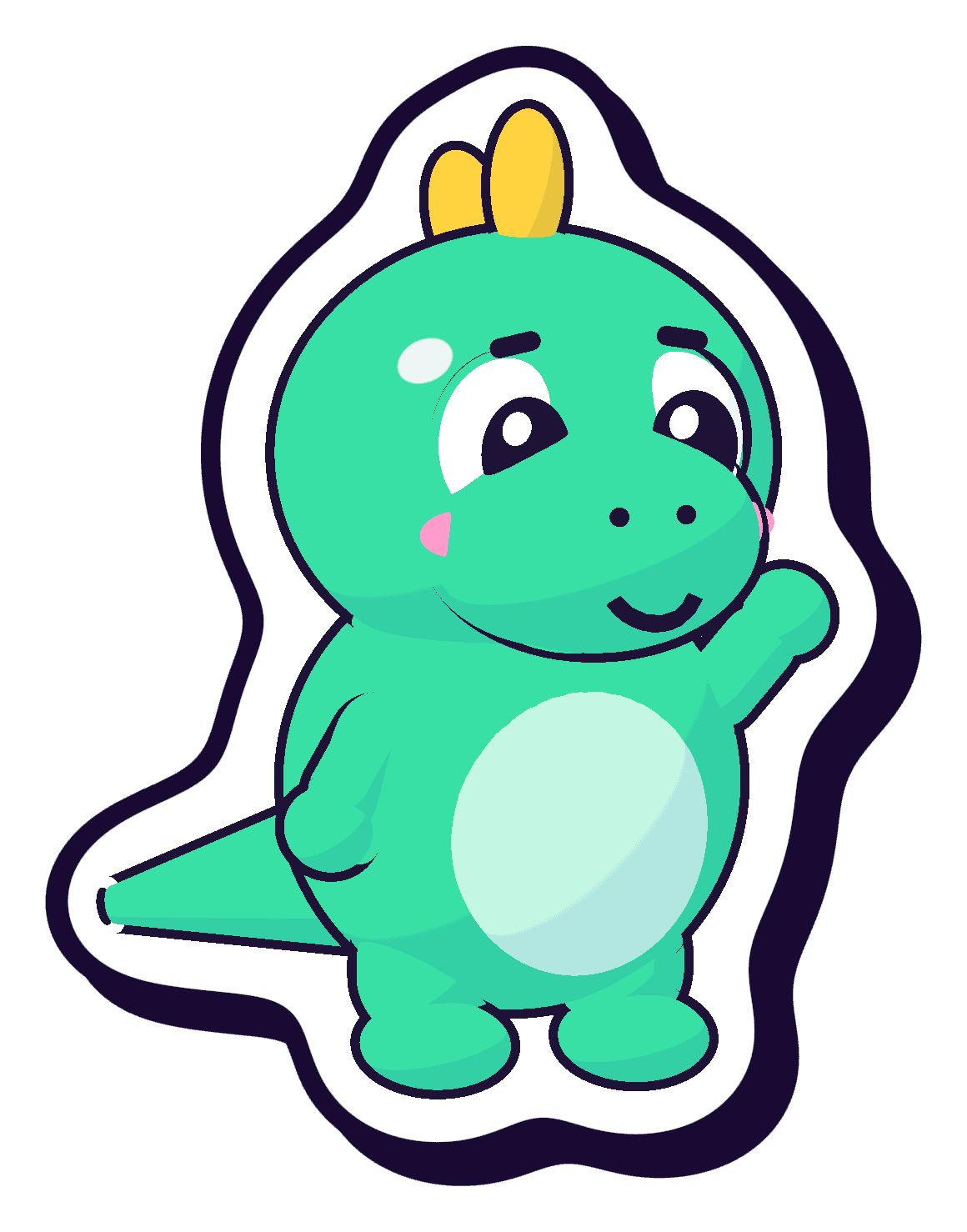 Rex, a green dinosaur sticker, waving
